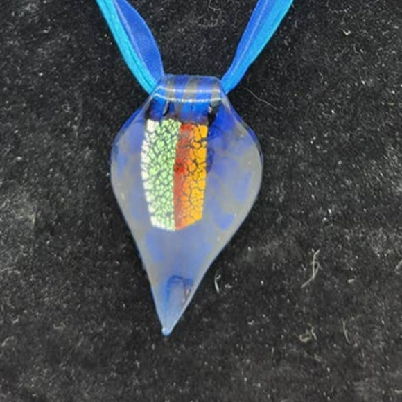 Vintage Dichroic Glass pendant  on 19" Blue Ribbon and Chain Combo - Picture 2 of 6